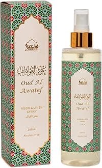 – Oud Al Awatef Attar Al Faraash by Dukhni | 250ml Non Alcoholic Spray | Arabic Natural Mist | Air Freshener, Room Mist, Fabric & Linen Spray | Perfect for Prayer mats, beds, sofas, curtains | Halal