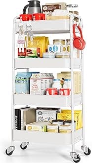 4-Tier Rolling Cart - Metal Storage Organizer with Lockable Wheels, 44 lbs Per Shelf Capacity, Tool-Free Assembly, for Kitchen Bathroom Office Laundry Room Nursery, White