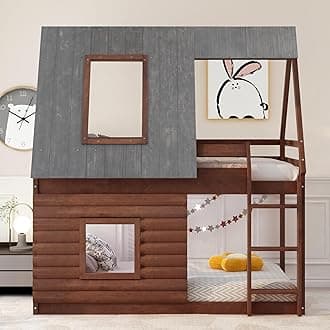 SOFTSEA House Bunk Bed Twin Over Twin House Bunk Bed Frame with Ladder and Guardrail for Kids, Playhouse Design, Oak