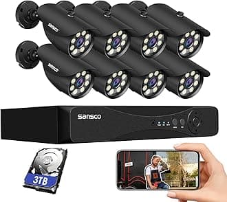 SANSCO 3K 8CH CCTV Security Camera System, 8 Channel DVR 3TB Hard Drive 24/7 Recording, 8 x 5MP Surveillance Bullet Camera Outdoor, Color Night Vision, Human Face Vehicle Detection, APP/Email Alert