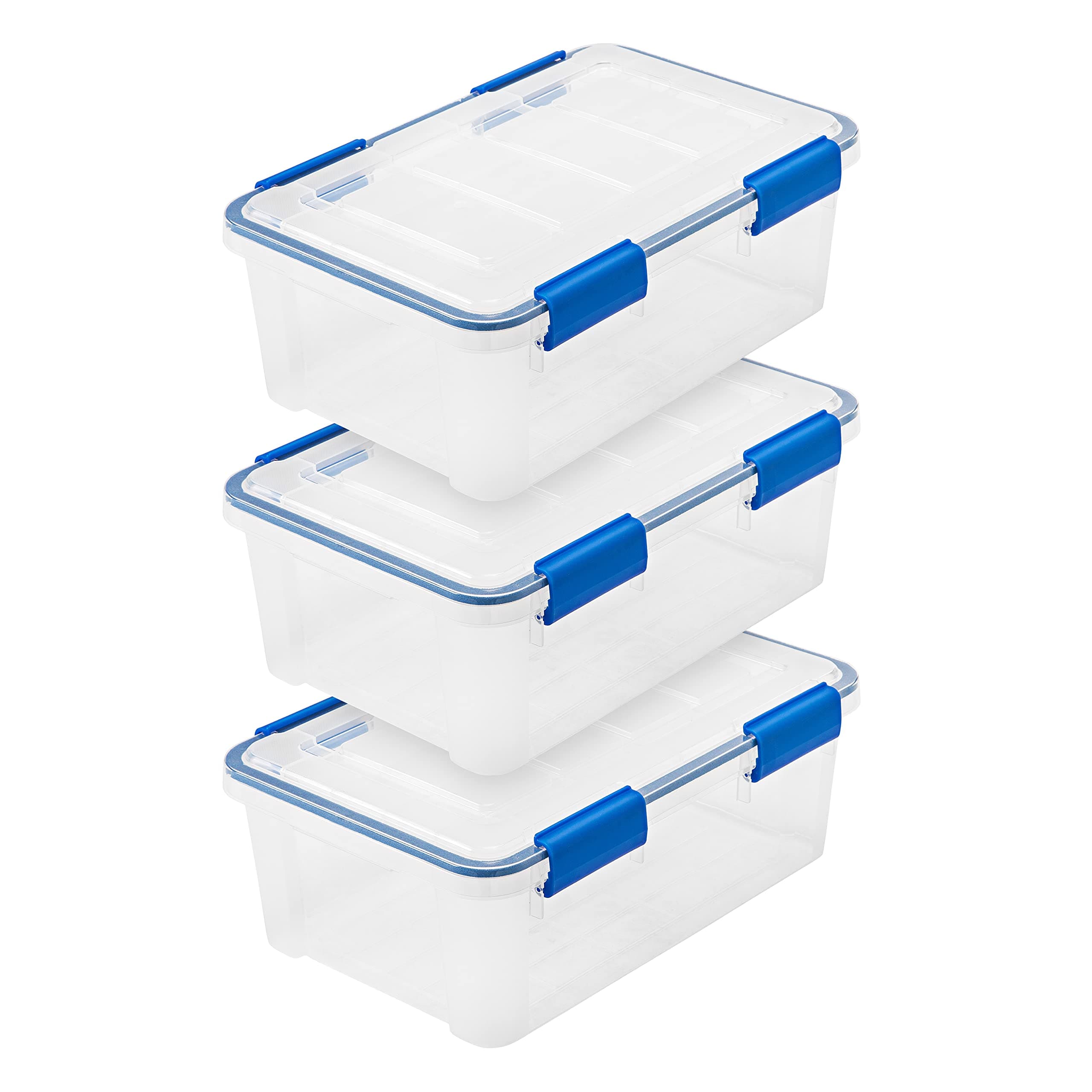 USA 16 Quart WeatherPro Plastic Storage Bin Tote Organizing Container with Durable Lid and Seal and Secure Latching Buckles, Clear With Blue Buckles, 16 Quart - 3 Pack