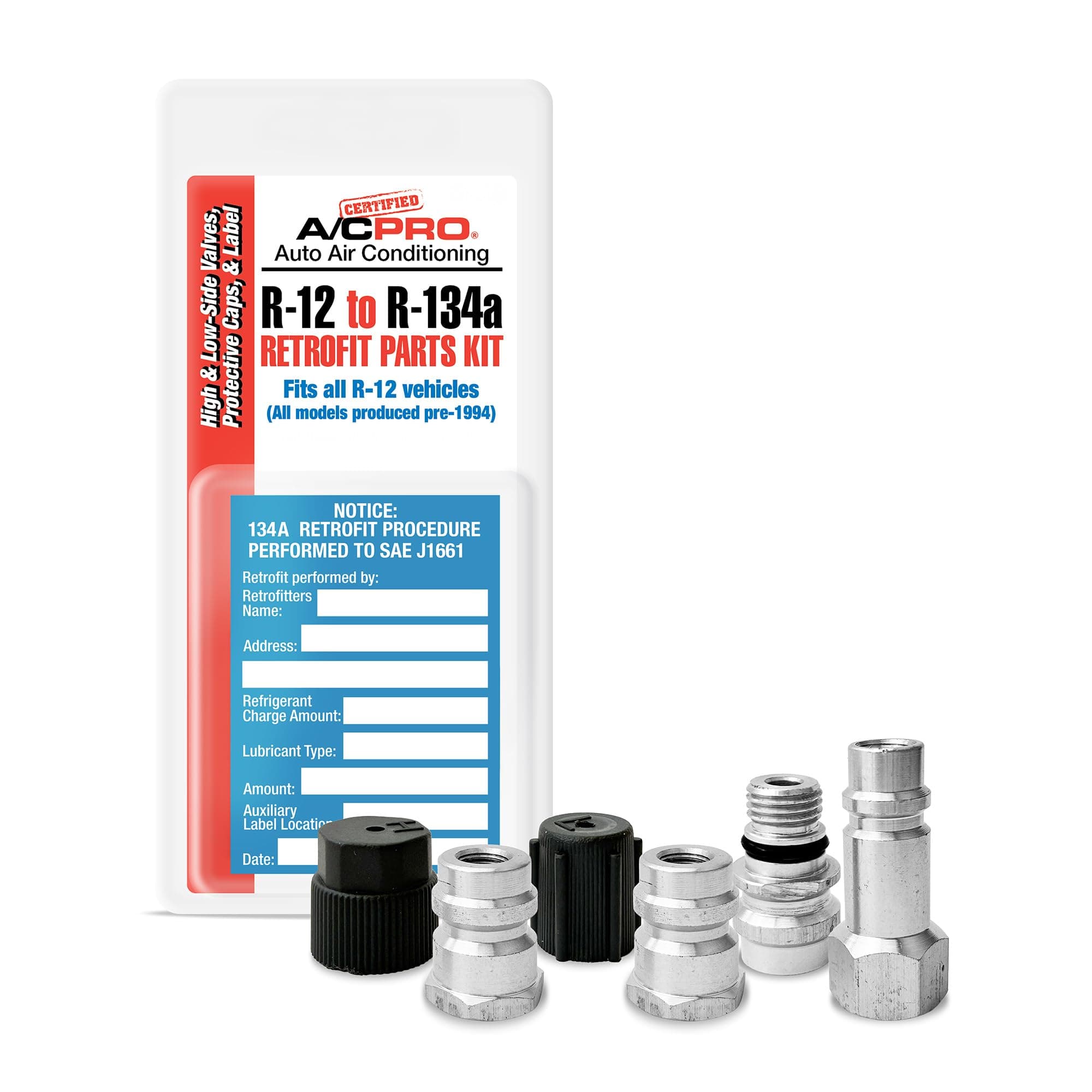 A/C Pro CERTIFIED Car Air Conditioner Adapter Kit, Complete AC Conversion Adapter Kit Converts R12 to R134-A Refrigerant, Includes 1 Low Side Port, 3 High Side Ports and Retrofit Label, InterDynamics