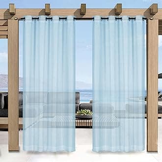 Outdoor Curtain for Patio, Blue Linen Look Semi-Sheer Curtains Waterproof Light Filtering Voile Outside Grommet Drapes for Pergola Balcony Pool Indoor 2 Panels, W120 x L96