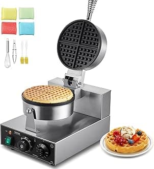 Commercial Waffle Maker, 1230W Round Waffle Baker Machine, Non-Stick Stainless Steel Belgian Waffle Iron with Temperature and Time Control, Handle, for Restaurant Bakery Snack Bar Family