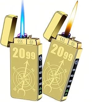 Torch Lighter, Butane Torch Soft Flame Plasma Dual Arc 3-in-1 Lighter, USB Rechargeable Electric Lighters with Flashlight, Windproof Refillable Lighters (Without Fuel) (Gold Ice)