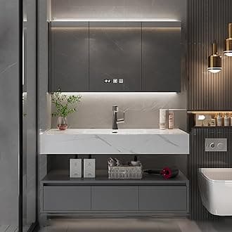 Bathroom Vanity Sink Set - Wall Mounted Floating Vanity Cabinet with Integrated Sink, Intelligent Vanity Mirror with Time Display, LED Lights & Defogging Function, 3 Soft-Close Doors (48IN)