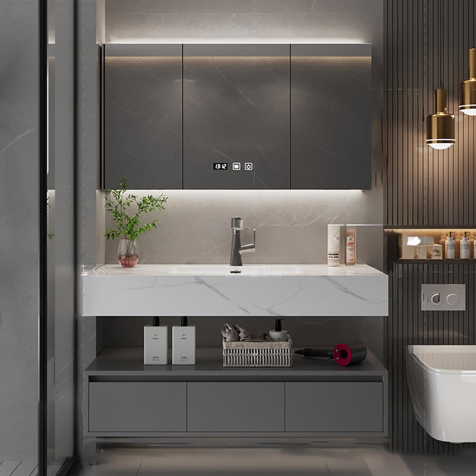 Bathroom Vanity Sink Set - Wall Mounted Floating Vanity Cabinet with Integrated Sink, Intelligent Vanity Mirror with Time Display, LED Lights & Defogging Function, 3 Soft-Close Doors (52IN)