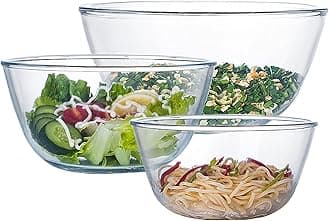 Glass Mixing Bowl Set of 3 for Kitchen, Baking, Prepping, Serving, Cooking 1.1QT, 2.5QT, 4.2QT Large Salad Bowl Set, High Brosilicate Bowl Set, Stackable, Non-toxic, Microwavable, Great Gift