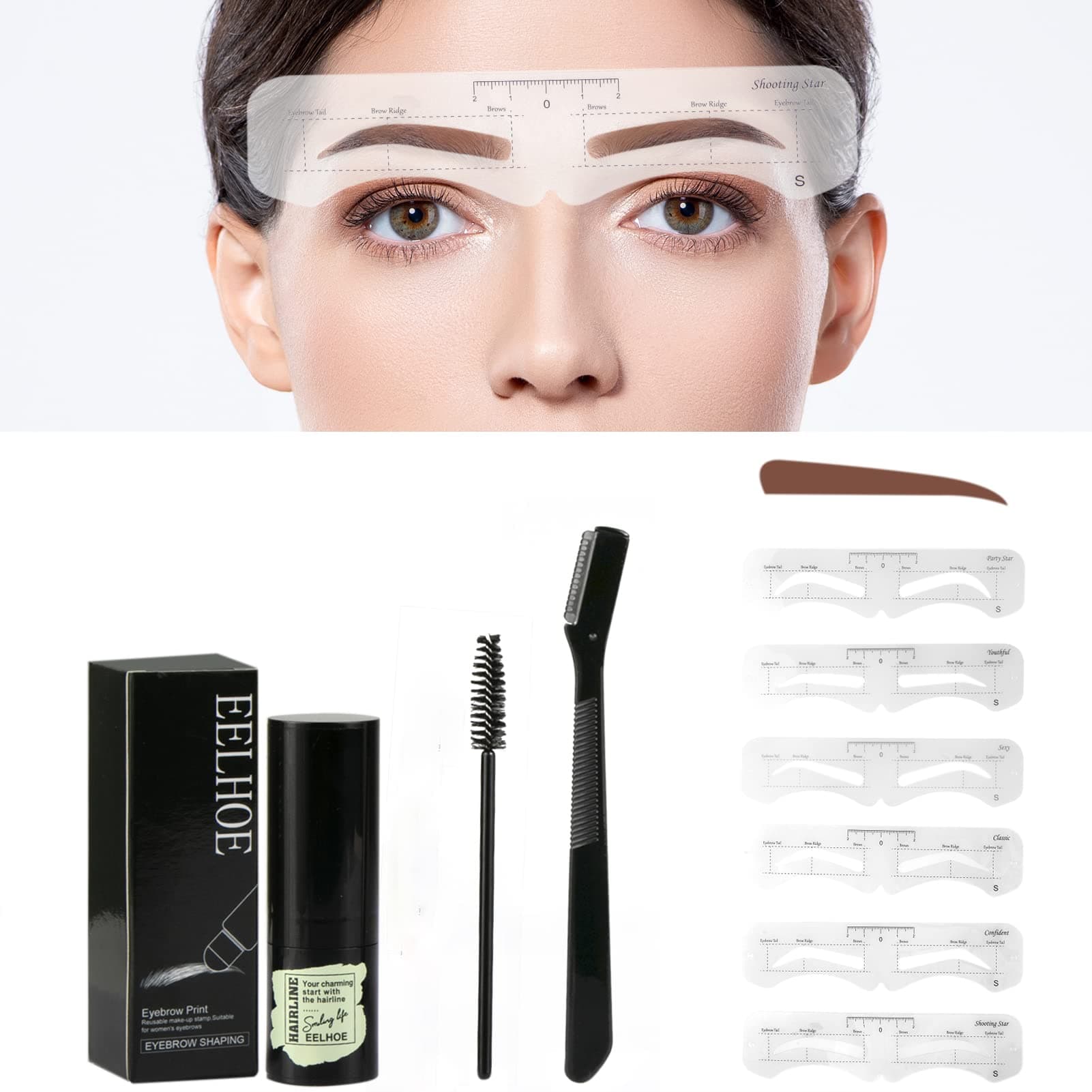 Waterproof Eyebrow Stamp Stencil Kit, One Step Brow Stamp Shaping Kit Stamp, Suitable for Beginners Eyebrow Pencil Set, 6 Set Reusable EyeBrow Stencil (Medium Brown)