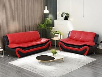 Leather Couches for Living Room, Living Room Couch Set, Sofa for Bedroom, Apartment, Living Room Furniture Sets (a-Leather Black&Red, Sofa+Loveseat)