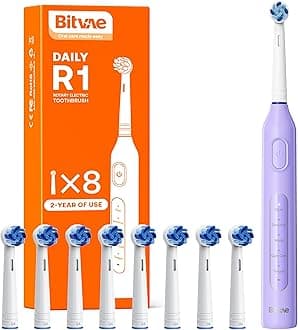 R1 Rotating Electric Toothbrush with 8 Brush Heads for Adults and Kids, 60-Day Battery Life, 5 Modes Rechargeable Power Toothbrush with 2-Minute Smart Timer, Purple