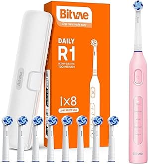 Bitvae Rotating Electric Toothbrush with 8 Brush Heads for Adults and Kids, Travel Case, 5 Modes Rechargeable Power Toothbrush with 2-Minute Smart Timer, 60-Day Battery Life, Pink