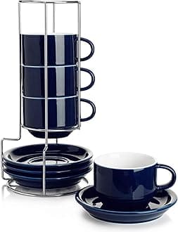 Sweese 8 Ounce Porcelain Stackable Cappuccino Cups with Saucers and Metal Stand - for Specialty Coffee Drinks, Cappuccino, Latte, Americano and Tea - Set of 4, Navy