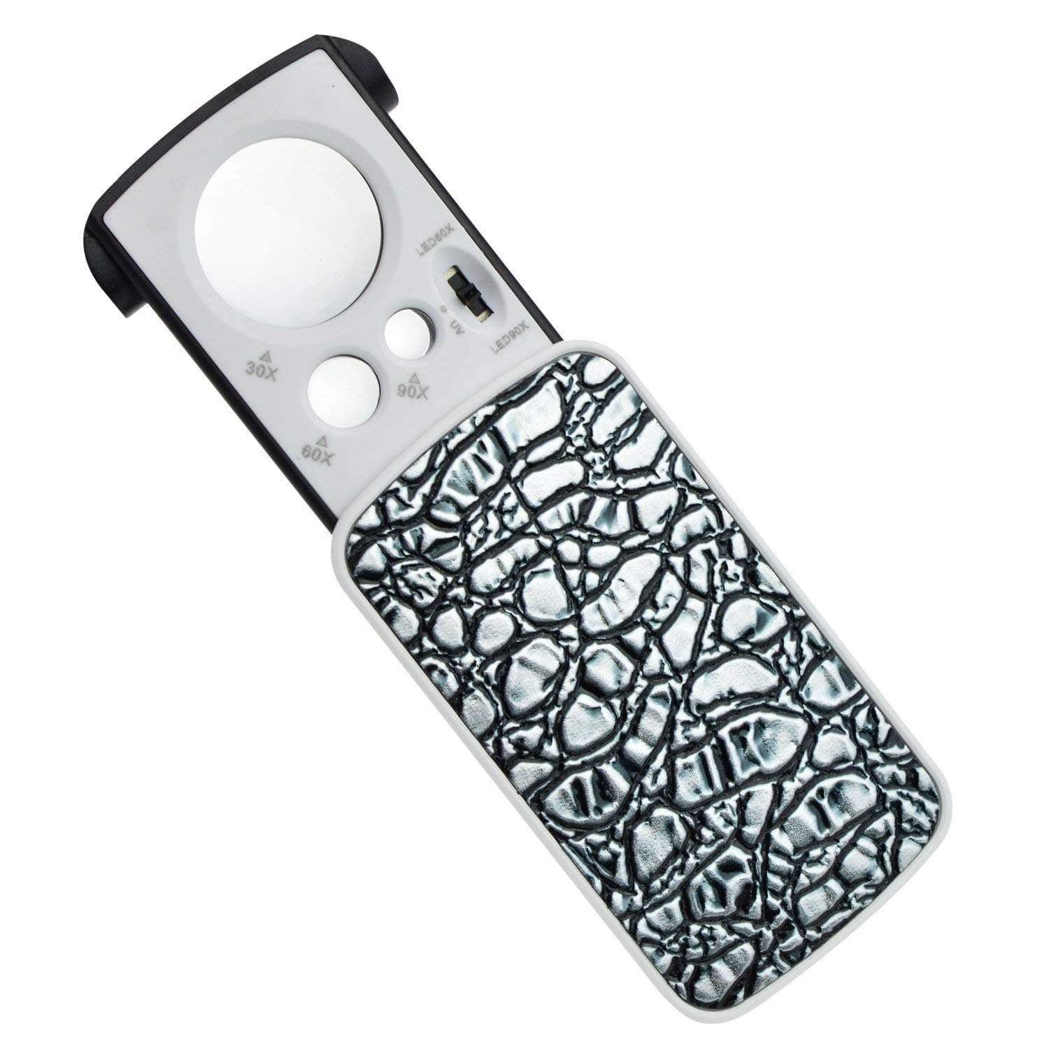 LED Lighted Pocket Magnifier - 30X 60X 90X Multi-Power Small Portable Magnifying Glass with UV Light Best for Jewellery, Diamonds, Gems, Coins, Stamps Rocks