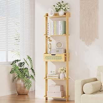 Amazer Bamboo Ladder Shelf, 5-Tier Wall Mounted Ladder Bookshelf with Drawer, Ladder Bookcase Rack Units for Bedroom, Living Room, Home