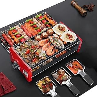 Barbeque Grill Raclette Machine Electric 4 Persons Grill Indoor BBQ Raclette Table Grill Double Layer Smokeless Electric Grill 1800 W & (6 Pan + 2 Extra Pan) for Home [Small]