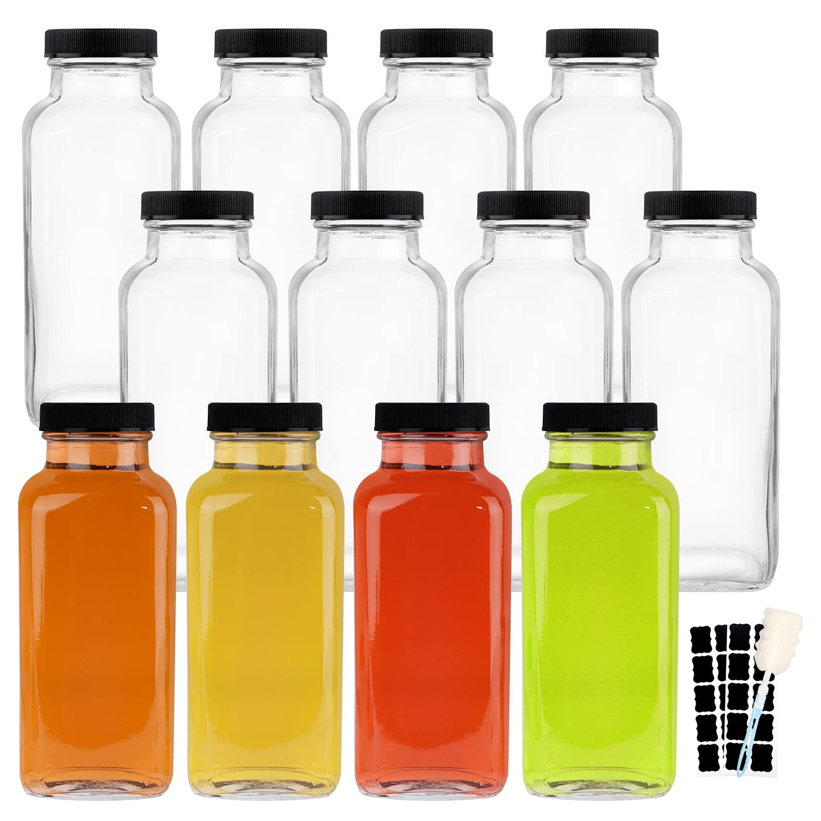 12 OZ Glass Drink Bottles, Set of 12 Vintage Glass Water Bottles with Lids, Great for storing Juices, Milk, Beverages, Kombucha and More (Labels and Sponge Brush Included)