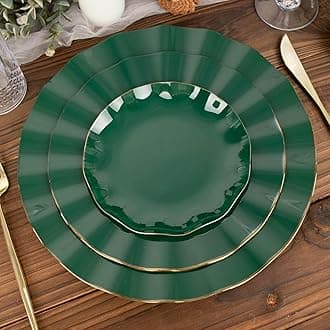 Efavormart 10 Pack | Hunter Emerald Green 6" Round Plastic Dessert Salad Plates, Disposable Appetizer Plates with Gold Wavy Rim for Wedding, Outdoor Receptions, Banquets, Holiday Dining