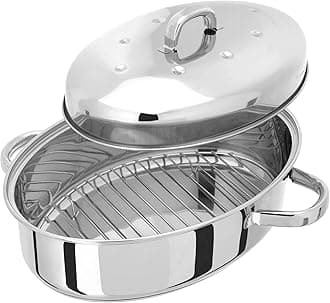 Judge TC182 Stainless Steel High Oval Roaster with Lid, 38cm x 32cm x 19cm, Thermic Base, Oven Safe, Dishwasher Safe - 25 Year Guarantee