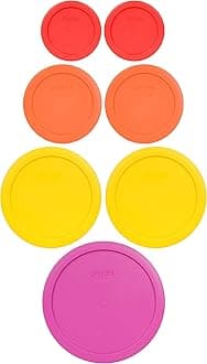 Pyrex (2) 7202-PC 1-Cup Red, (2) 7200-PC 2-Cup Orange, (2) 7201-PC 4-Cup Meyer Yellow, & (1) 7402-PC 6/7-Cup Pink Lids - Made in USA