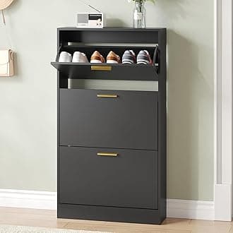Fluted Shoe Cabinet Storage for Entryway, White Shoe Organizer with 2 Flip Drawers & Open Shelf, Freestanding Hidden Large Shoe Storage Cabinet (1pc-Black, 3 Flip Drawers)