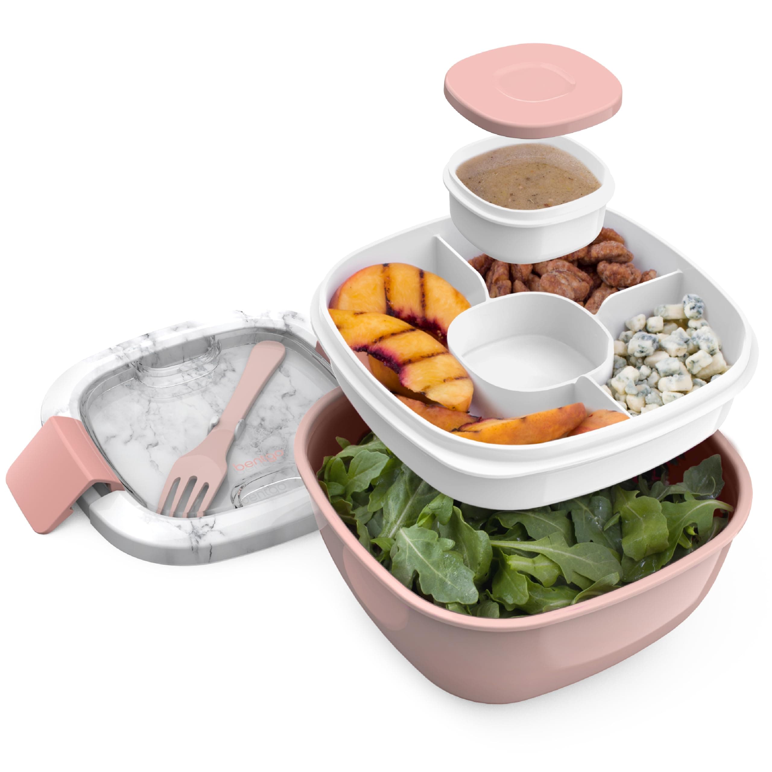 Salad - Stackable Lunch Container with Large 54-oz Salad Bowl, 4-Compartment Bento-Style Tray for Toppings, 3-oz Sauce Container for Dressings, Built-In Reusable Fork & BPA-Free (Blush Marble)