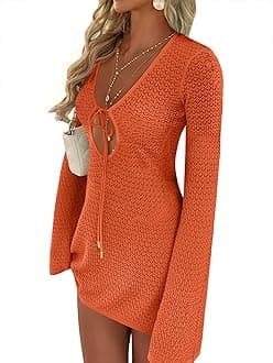 Swimsuit Cover Up for Women Crochet Bathing Suit 2026 Summer Swimwear V Neck Mesh Knit Dress Beach Vacation Clothes