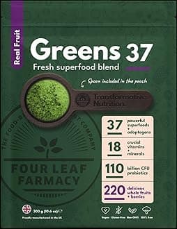 – Greens Powder - Limited Edition - Made in UK with 37 superfoods - 300g High Dosage Servings - Vegan Gluten Free - with KSM-66® Ashwagandha and Lions Mane (300g, Real Fruit Blend)