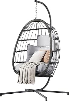 HWB Hanging Egg Chair with Stand, Patio Wicker Egg Swing Chair with Cushion for Bedroom Garden Indoor Outdoor (Grey)