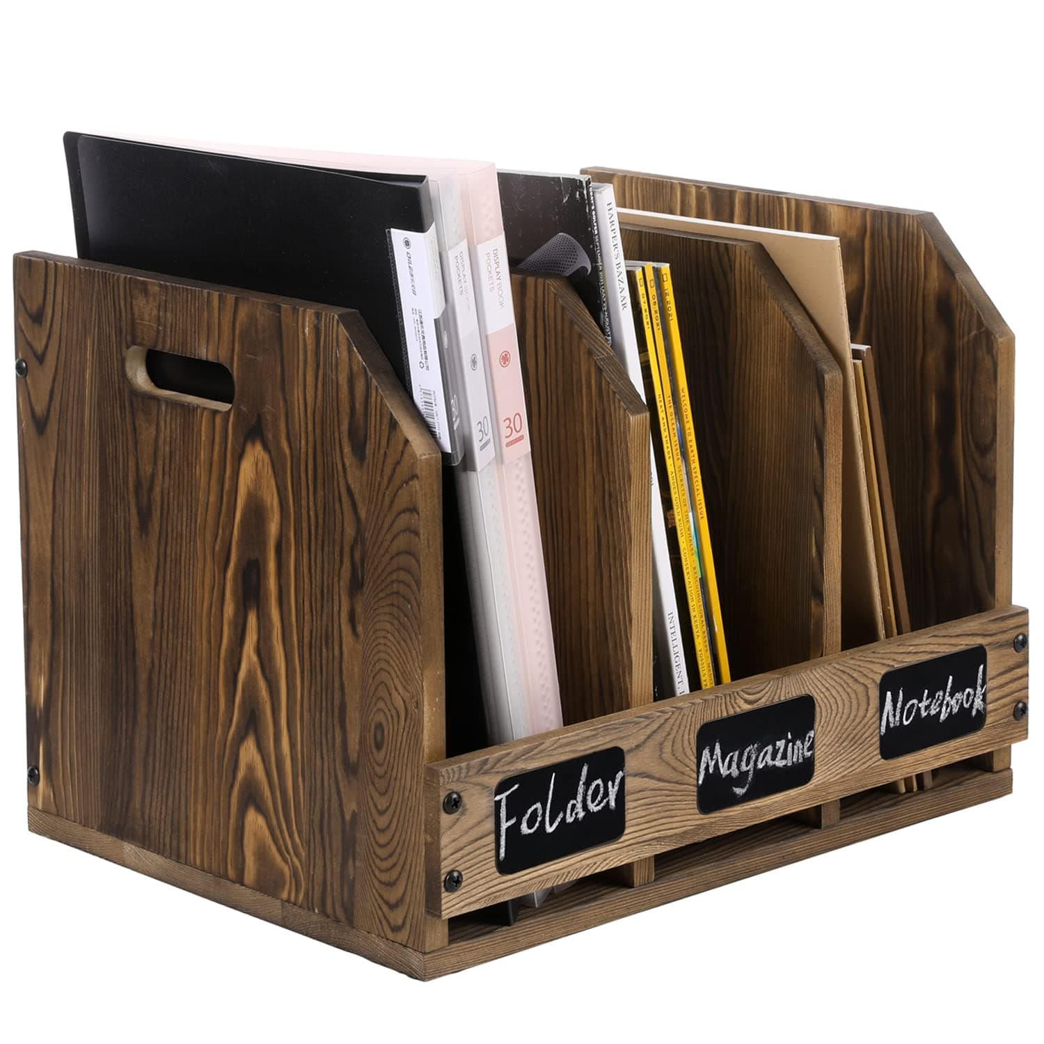 Office Desktop Document File Folder Rustic Burnt Brown Wood Binder Storage Organizer Rack with 3 Compartments and Chalkboard Labels