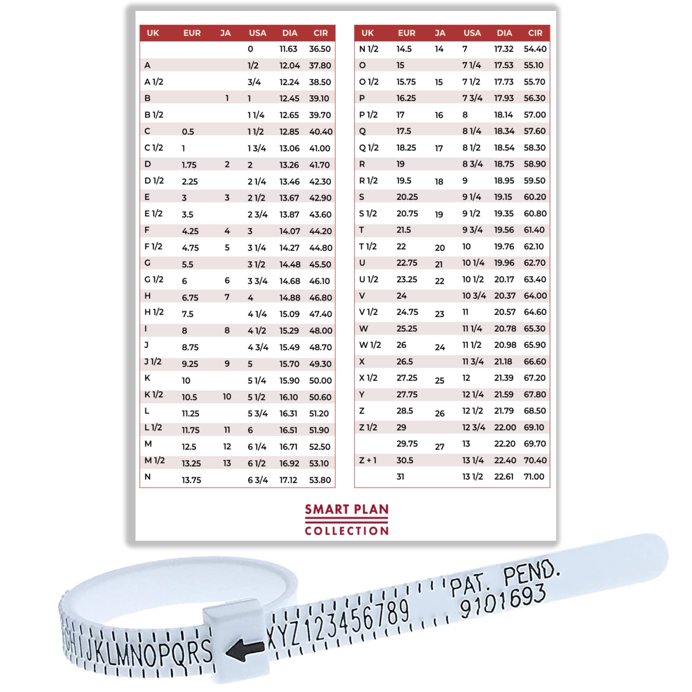 SMART PLAN Ring Sizer UK & US A to Z Ring Measurement Tool & INTERNATIONAL SIZE CHART GUIDE - Engagement Ring Finger Gauge
