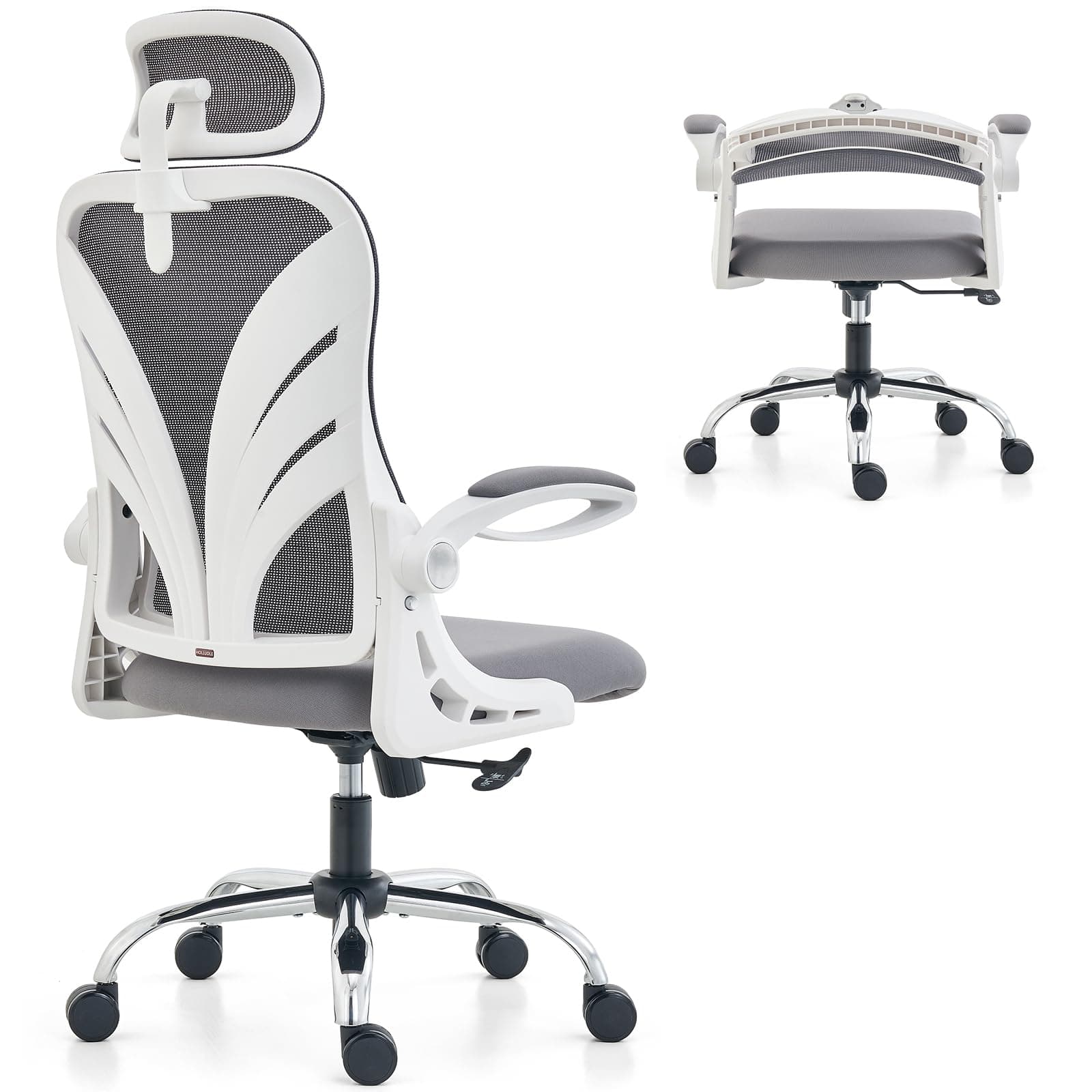 Office Chair with Folding Backrest, Ergonomic Computer Chair with 2D Headrest, Folding Armrests and Mesh Lumbar Support Office Seat, White