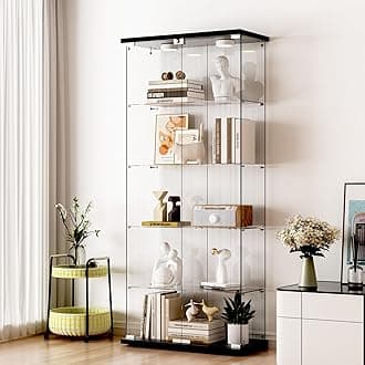 Glass Display Cabinet 5-Shelf 2 Doors with 2 LED Push Lights with Remote Control, Locking, 5mm Tempered Glass Floor-to-Ceiling Glass Bookcase for Bedroom, Living Room, Black