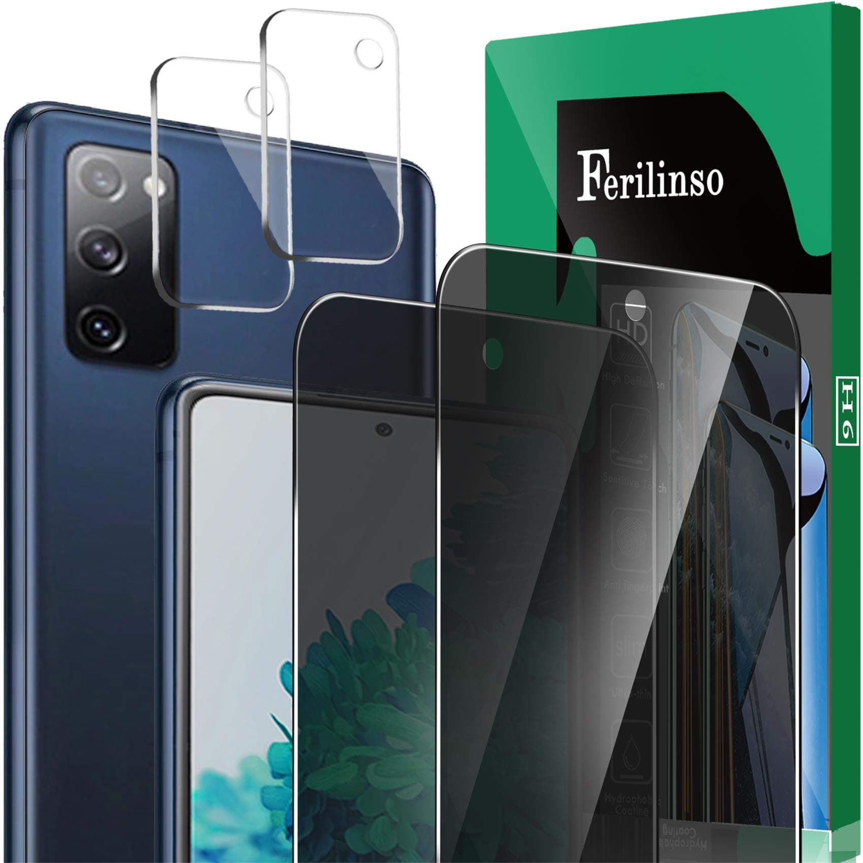 [4 Pack] Ferilinso 2 Pack Privacy Screen Protector + 2 Pack Camera Lens Protector for Samsung Galaxy S20 FE [HD] [Tempered-Glass] [Case Friendly] [Anti-Fingerprint] [Easy Installation]
