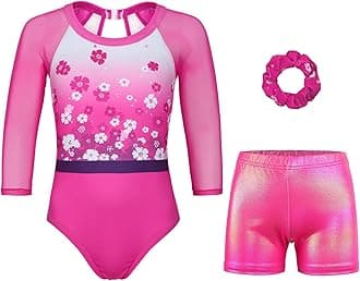 Gymnastics Leotards for Girls With Shorts Sparkly Ballet Dance Long Mesh Sleeve
