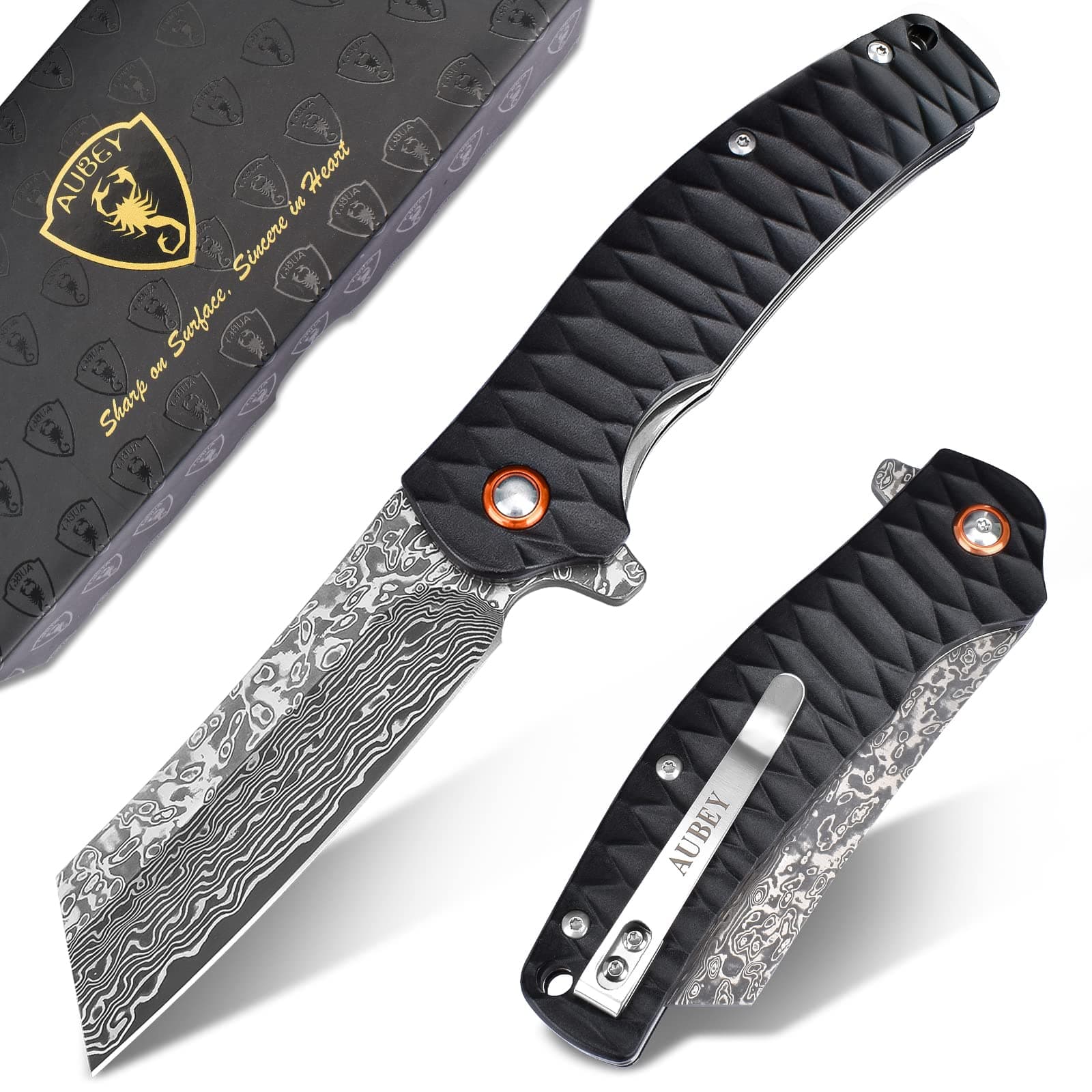 - Damascus Pocket Knife, 3.34" Damascus Steel Hollow Grind Blade, Folding Knife with Ball Bearing, Aluminum Handle, EDC Knife for Outdoor Camping Hunting