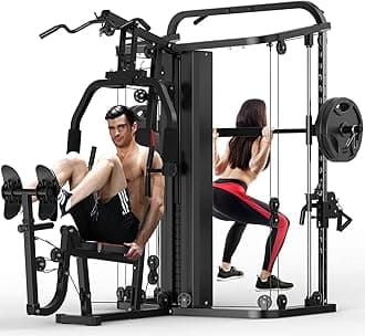 Multifunction Home Gym Equipment Workout Station, Smith Machine with 138LB Weight Stack, Leg Press, LAT Station for Full Body Training