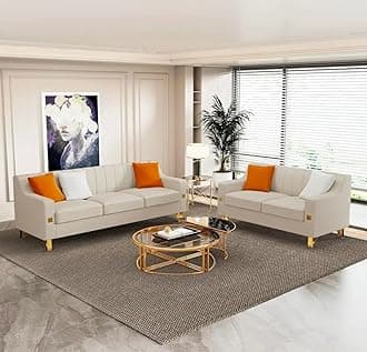 A to Z Furniture Classic Seater Sofa Set Luxury Chesterfield Leatherette Sofa in for Home Living Room & Office Stainless Steel Legs (White, 3+2 Seater)