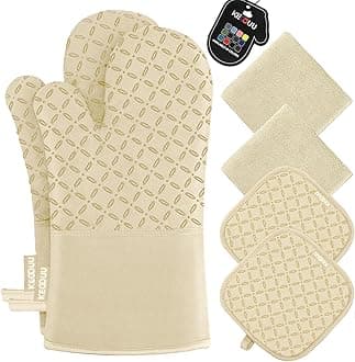 KEGOUUOven Mitts and Pot Holders 6pcs Set, Kitchen Oven Glove High Heat Resistant 500 Degree Extra Long Oven Mitts and Potholder with Non-Slip Silicone Surface for Cooking (Beige)