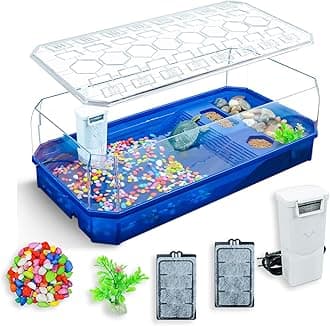 Aquatic Turtle Tank Habitat Kit Stone+Filter+Heat Lamp Enhancing Interaction with 360° Viewing, Standalone Filtration, DIY Creative Zone, Enriched Living (Blue, L[Without Light])