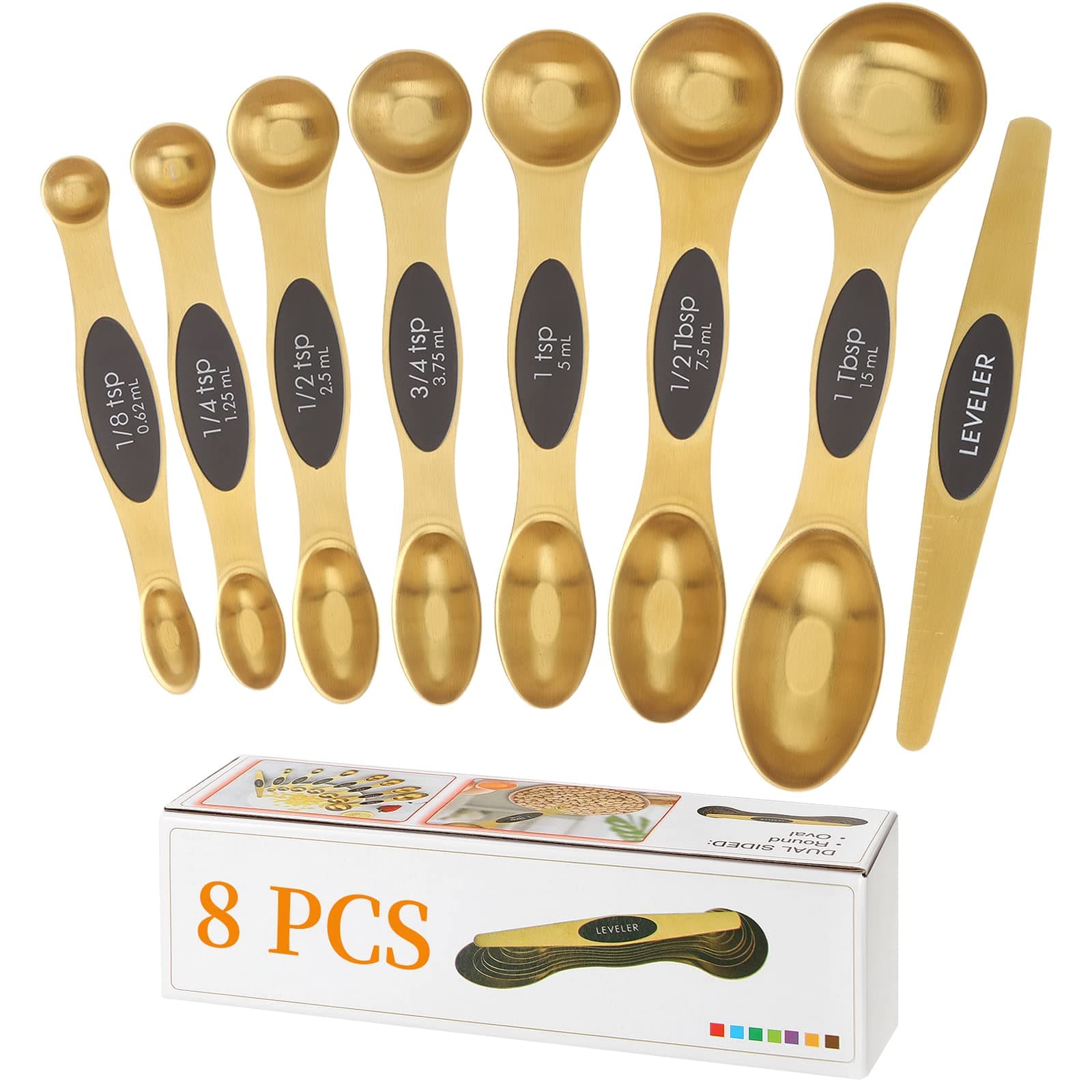 Magnetic Measuring Spoons Set, Stainless Steel, Dual Sided, Stackable, Dual Sided for Measuring Dry and Liquid Ingredients, Fits in Spice Jars, Set of 8(Gold )