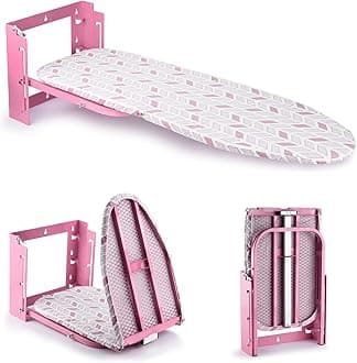 Wall Mounted Ironing Board Adjustable Height, 36 x 12 Inch Fold Away Iron Board Wall Mount Space-Saving Ironing Board with Removable Heat Resistant Cover for Small Spaces Home Laundry Room Pink