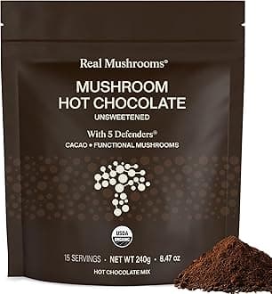 Real Mushrooms Unsweetened Organic Hot Chocolate Mix w/ 5 Defenders (Turkey Tail, Chaga, Maitake, Shiitake, Reishi Powder) - Cacao Powder - Gluten-Free, Non-GMO, Vegan (15 Servings)