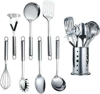 – Berglander Stainless Steel Kitchen Utensil 7 Piece with 1 Stand, Slotted Tuner, Ladle, Skimmer, Serving Spoon, Pasta Server,Potato Maseher, Egg Whisk. Kitchen Tool Set. Kitchenware with Holder.