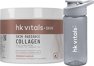 HealthKart Hk Vitals Skin Radiance Collagen Powder, Marine Collagen (Orange, 100 G), Collagen Supplements With Biotin, Vitamin C, & E, For Healthy Skin, Hair & Nails With Sipper Bottle (Teal, 300 Ml)