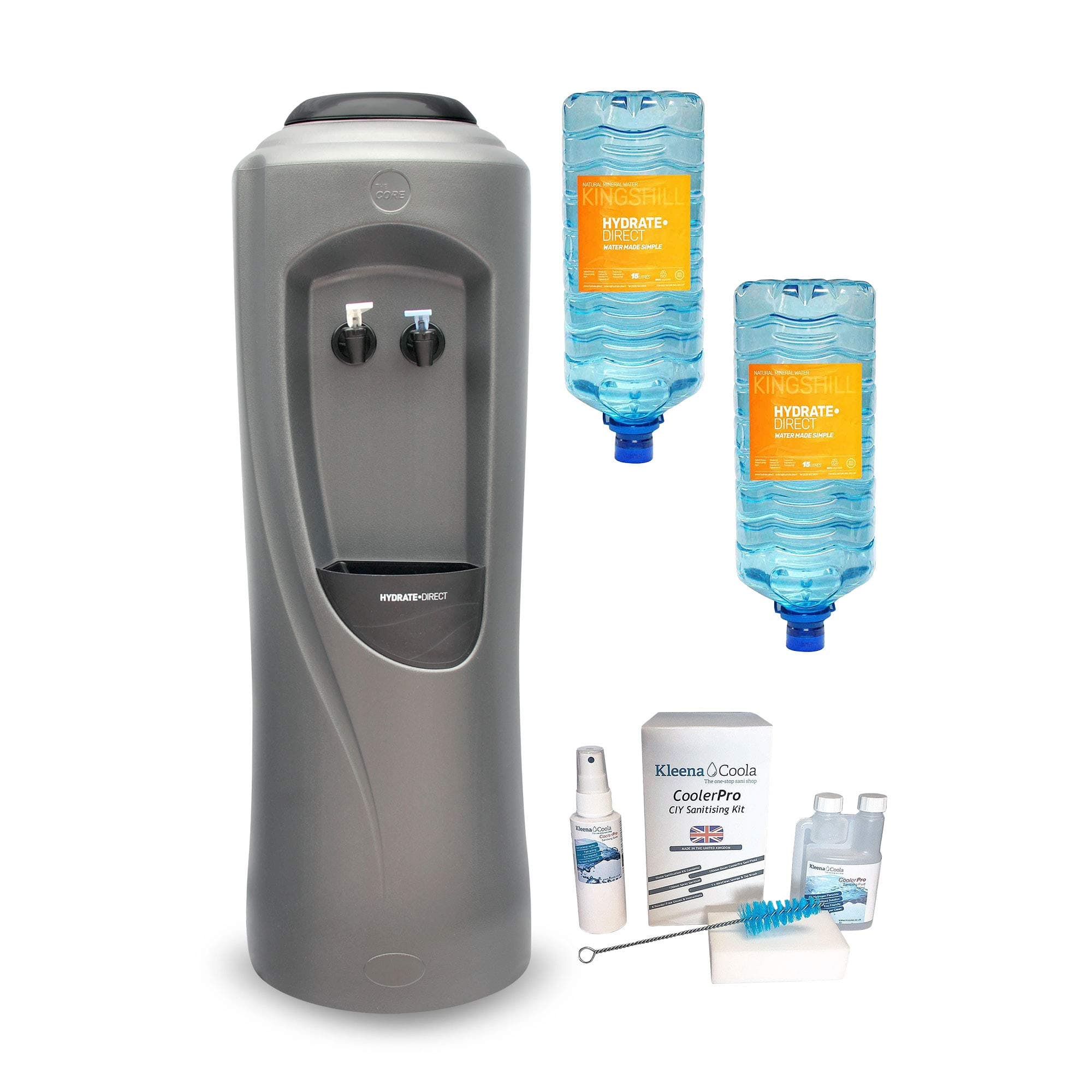 Core Water Cooler Package 3 | Water Dispenser Plus 2 x 15L Bottles of Natural Mineral Water and Sanitisation Kit, Ambient & Cold Temperature, Grey/Silver