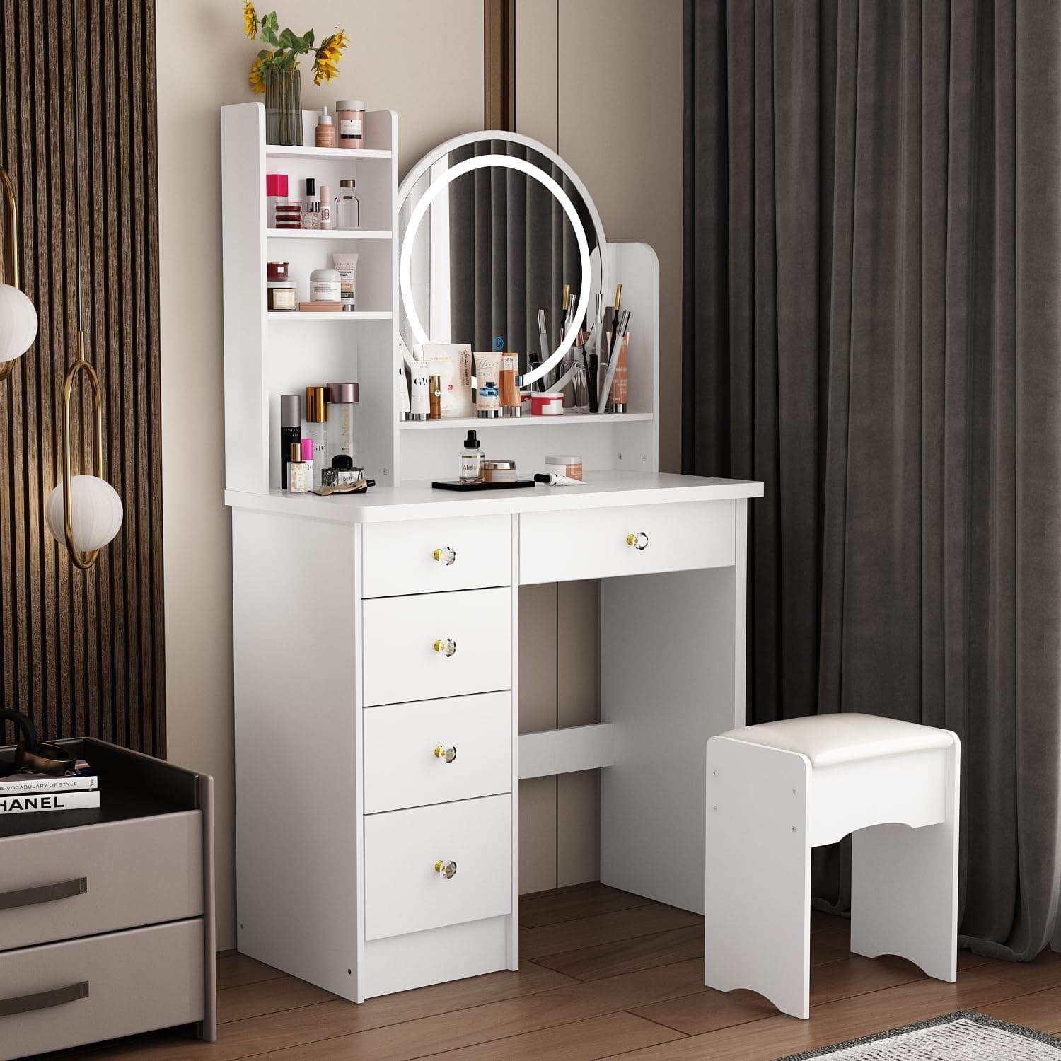 ECACAD Vanity Desk Set with LED Lighted Round Mirror, Makeup Dressing Table with 5 Drawers, Storage Shelves & Cushioned Stool for Bedroom, White