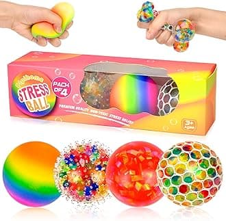 4 Pack Stress Balls Fidget Toys for Adults and Kids, Squeeze Squishy Toys Stress Relief Ball Mesh Sensory Balls Rainbow Ball Easter Basket Stuffers Party Bag Fillers Boys Girls Gifts