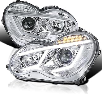 Chrome LED Projector Headlights Compatible with 2001-2007 Mercedes-Benz W203 C-Class Sedan, Left + Right Pair Headlamps Assembly