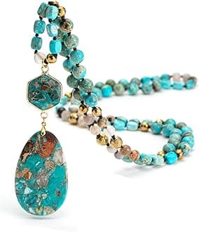 Boho Turquoise Agate Necklaces for Women,35/36.8 Inch Natural Stone Beaded Long Pendant Necklaces, Handmade Bohemian Fashion Chakra Chunky Statement Charm Gold Necklace Jewelry Gift
